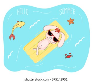 Hand drawn vector illustration of a cute bunny in sunglasses floating in the sea on inflatable air mattress, with fish, starfish and crab, text Hello Summer. Isolated objects. Design concept children