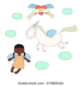 Hand drawn vector illustration of a cute dark skinned angel girl and unicorn with wings, flying, with winged heart and text on a ribbon. Isolated objects on white background. Design concept for kids.