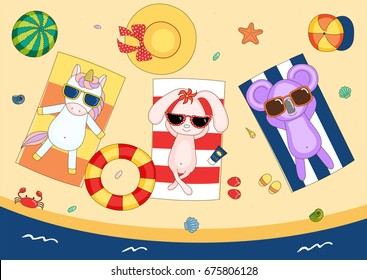 Hand drawn vector illustration of a cute unicorn, bunny and koala in sunglasses on the beach, lying on striped towels, with swimming ring and watermelon. Isolated objects. Design concept for children.