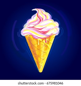 Hand Drawn Vector Illustration of Cute Ice Cream Cone on blue background. 