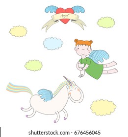 Hand drawn vector illustration of a cute angel girl, holding cat, and unicorn with wings, flying, with heart and text Angel on a ribbon. Isolated objects on white background. Design concept for kids.
