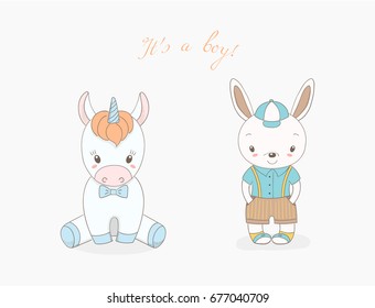Hand drawn vector illustration of cute animal baby boys: smiling rabbit in a baseball cap and unicorn with a bow tie, text It s a boy. Isolated objects on white background. Design concept for children