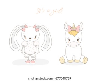 Hand drawn vector illustration of cute animal baby girl: smiling rabbit and unicorn with ribbons, text It s a girl. Isolated objects on white background. Unfilled outline. Design concept for children.