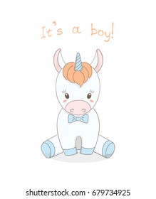 Hand drawn vector illustration of a cute little baby unicorn boy with a blue bow tie, text It's a boy. Isolated objects on white background. Design concept for children.