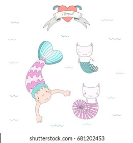 Hand drawn vector illustration of a cute mermaid girl and two cats with fish tail and in a sea shell, swimming under water, heart and text. Isolated objects on white background. Design concept kids.