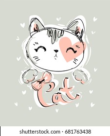 Hand Drawn Vector Illustration of cute cat vector illustration, print design cat, children print on t-shirt, sketch cat, kitten.