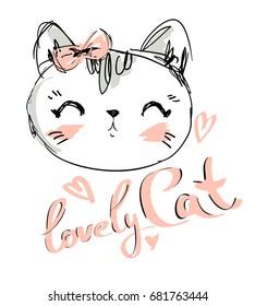 Hand Drawn Vector Illustration of cute cat vector illustration, print design cat, children print on t-shirt, sketch cat, kitten.