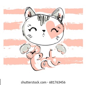 Hand Drawn Vector Illustration of cute cat vector illustration, print design cat, children print on t-shirt, sketch cat, kitten.