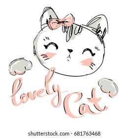 Hand Drawn Vector Illustration of cute cat vector illustration, print design cat, children print on t-shirt, sketch cat, kitten.