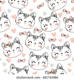 Hand Drawn Vector Illustration of cute cat vector illustration pattern, print design cat, children print on t-shirt, sketch cat seamless