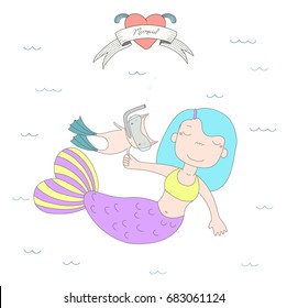 Hand drawn vector illustration of a cute little mermaid girl and a cat in swim fins and scuba mask, under water, heart and text Mermaid. Isolated objects on white background. Design concept for kids.