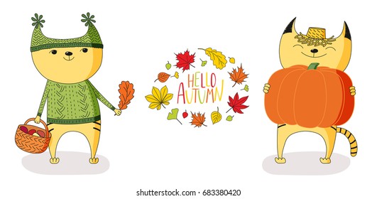 Hand drawn vector illustration of cute cats, holding big pumpkin and basket with mushrooms, with wreath of leaves and text Hello Autumn. Isolated objects on white background. Design for kids.