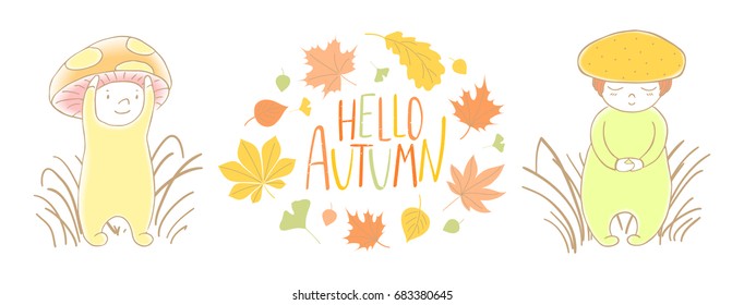 Hand drawn vector illustration of cute mushrooms fly amanita and honey fungus in the grass with wreath of leaves and text Hello Autumn. Isolated objects on white background. Design for kids.