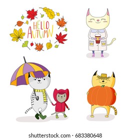 Hand drawn vector illustration of cute cats, in rain coat, with umbrella, pumpkin, paper cup, with wreath of leaves and text Hello Autumn. Isolated objects on white background. Design for kids