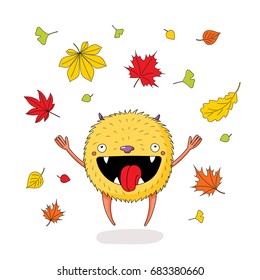 Hand drawn vector illustration of a cute little monster jumping happily among the falling colourful autumn leaves. Isolated objects on white background. Design for children, change of seasons.