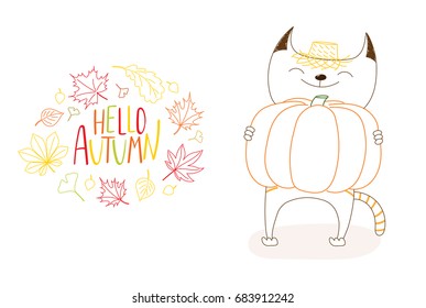 Hand drawn vector illustration of a cute smiling cat in a straw hat, holding a big pumpkin, with wreath of leaves and text Hello Autumn. Isolated objects on white background. Design concept for kids.