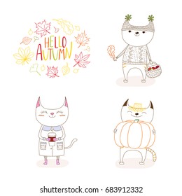 Hand drawn vector illustration of cute cats, with paper cup, basket with mushrooms, pumpkin, with wreath of leaves and text Hello Autumn. Isolated objects on white background. Design concept for kids