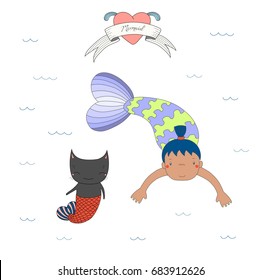 Hand drawn vector illustration of a cute tanned mermaid girl and a cat with fish tail, swimming in the sea, heart and text Mermaid. Isolated objects on white background. Design concept for children.