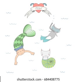 Hand drawn vector illustration of a cute mermaid girl and two cats in sea shell and in swim fins, scuba mask, under water, heart and text. Isolated objects on white background. Design concept for kids
