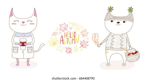 Hand drawn vector illustration of cute cats, holding paper cup and basket with mushrooms, with wreath of leaves and text Hello Autumn. Isolated objects on white background. Design concept for kids.