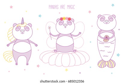Hand drawn vector illustration of a cute panda unicorn, flower fairy, mermaid, among the stars, with text. Isolated objects on white background. Design concept for children. Unfilled outline.