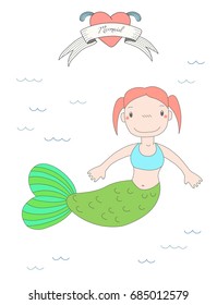 Hand drawn vector illustration of a cute little mermaid girl with pig tails, swimming in the sea, heart and text Mermaid on a ribbon. Isolated objects on white background. Design concept for children.