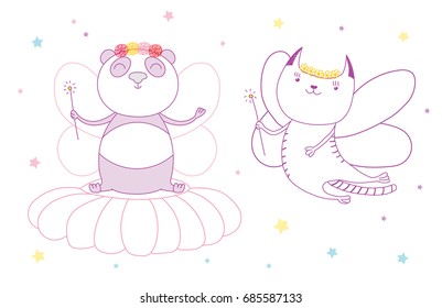 Hand drawn vector illustration of a cute cat and panda as flower fairies with magic wands, among the stars. Isolated objects on white background. Design concept for children. Unfilled outline.