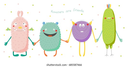 Hand drawn vector illustration of cute funny colourful monsters smiling and holding hands, text Monsters are friends. Isolated objects on white background with polka dots. Design concept for children.