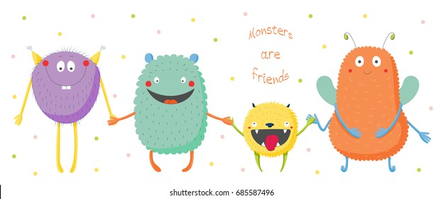 Hand drawn vector illustration of cute funny colourful monsters smiling and holding hands, text Monsters are friends. Isolated objects on white background with polka dots. Design concept for children.