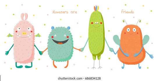 Hand drawn vector illustration of cute funny colourful monsters smiling and holding hands, text Monsters are friends. Isolated objects on white background with polka dots. Design concept for children.