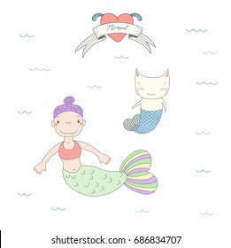 Hand drawn vector illustration of a cute little mermaid girl and a cat with fish tail, swimming in the sea, heart and text Mermaid. Isolated objects on white background. Design concept for children.