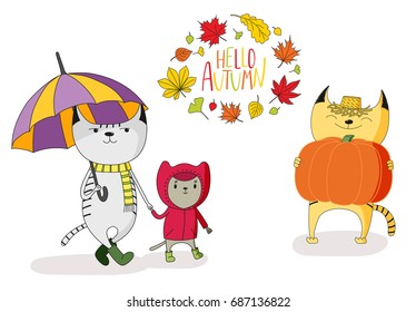 Hand drawn vector illustration of cute cats, with umbrella, in rain coat, with big pumpkin, with wreath of leaves and text Hello Autumn. Isolated objects on white background. Design concept for kids.