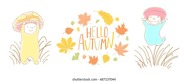 Hand drawn vector illustration of cute mushrooms fly amanita and woolly milk cap in the grass with wreath of leaves and text Hello Autumn. Isolated objects on white background. Design concept for kids