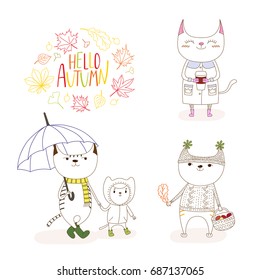 Hand drawn vector illustration of cute cats, in rain coat, with umbrella, mushrooms, paper cup, with wreath of leaves, text Hello Autumn. Isolated objects on white background. Design concept for kids