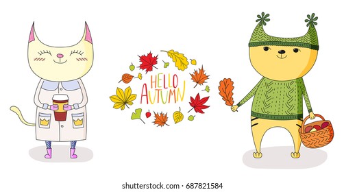 Hand drawn vector illustration of cute cats, holding paper cup and basket with mushrooms, with wreath of leaves and text Hello Autumn. Isolated objects on white background. Design concept for kids.