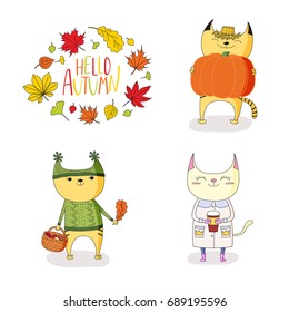 Hand drawn vector illustration of cute cats, with paper cup, basket with mushrooms, pumpkin, with wreath of leaves and text Hello Autumn. Isolated objects on white background. Design concept for kids