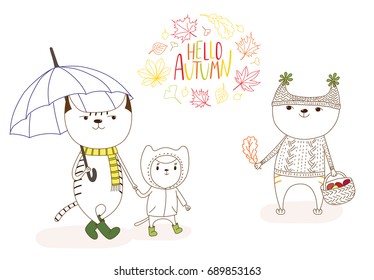 Hand drawn vector illustration of cute cats, with umbrella, basket with mushrooms,  in a raincoat, wreath of leaves and text Hello Autumn. Isolated objects on white background. Design concept for kids