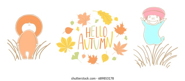 Hand drawn vector illustration of cute mushrooms saffron milk cap, woolly milk cap in the grass with wreath of leaves, text Hello Autumn. Isolated objects on white background. Design concept for kids.