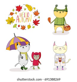 Hand drawn vector illustration of cute cats, in rain coat, with umbrella, mushrooms, paper cup, with wreath of leaves and text Hello Autumn. Isolated objects on white background. Design concept kids