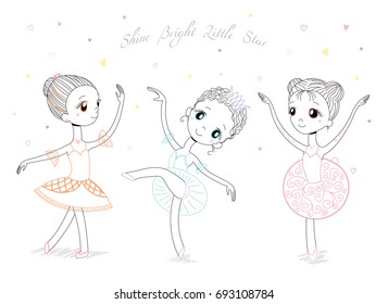 Hand drawn vector illustration of cute little ballerina girls in different poses and colours, text Shine bright little star. Isolated objects on white background. Design concept for children, dancing. Hand drawn vector illustration of cute little ballerina girls in different poses and colours, text Shine bright little star. Isolated objects on white background. Design concept for children, dancing.