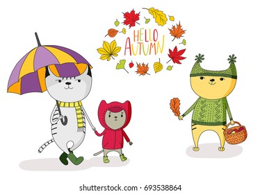 Hand drawn vector illustration of cute cats, with umbrella, basket with mushrooms,  in a raincoat, wreath of leaves and text Hello Autumn. Isolated objects on white background. Design concept for kids