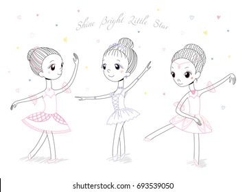 Hand drawn vector illustration of cute little ballerina girls in different poses and colours, text Shine bright little star. Isolated objects on white background. Design concept for children, dancing.