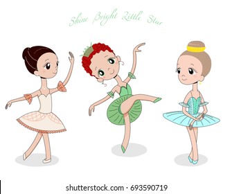 Hand drawn vector illustration of cute little ballerina girls in different poses and colours, text Shine bright little star. Isolated objects on white background. Design concept for children, dancing.