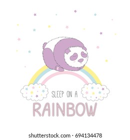 Hand drawn vector illustration of a cute panda sleeping on a rainbow, with clouds and stars, text Sleep on a rainbow. Isolated objects on white background. Design concept for children.