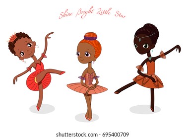 Hand drawn vector illustration of cute little ballerina girls in different poses and colours, text Shine bright little star. Isolated objects on white background. Design concept for children, dancing.