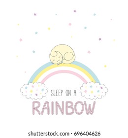 Hand drawn vector illustration of a cute curled up cat sleeping on a rainbow, with clouds and stars, text Sleep on a rainbow. Isolated objects on white background. Design concept for children.