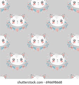 Hand Drawn Vector Illustration of cute cat vector illustration pattern, print design cat, children print on t-shirt, Sketch Cat Seamless