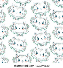 Hand Drawn Vector Illustration of cute cat vector illustration pattern, print design cat, children print on t-shirt, Sketch Cat Seamless