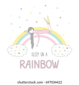 Hand drawn vector illustration of a cute girl with braided hair sleeping on a rainbow, with clouds and stars, text Sleep on a rainbow. Isolated objects on white background. Design concept for children