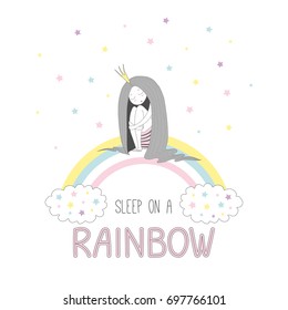 Hand drawn vector illustration of a cute princess with long hair sleeping on a rainbow, with clouds and stars, text Sleep on a rainbow. Isolated objects on white background. Design concept for kids.